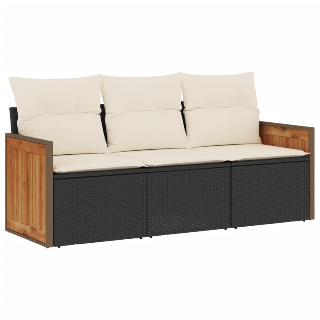 3-delige Loungeset met kussens poly rattan zwart