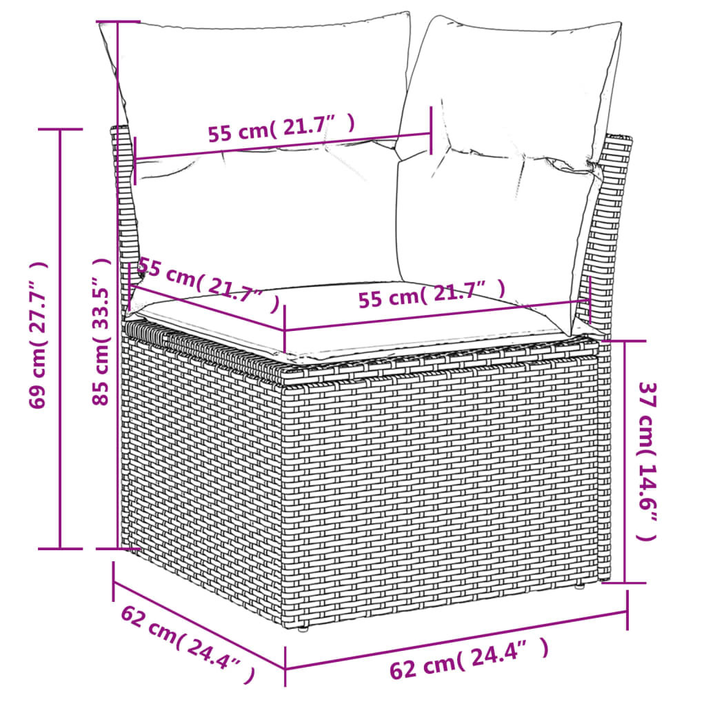 3-delige Loungeset met kussens poly rattan zwart