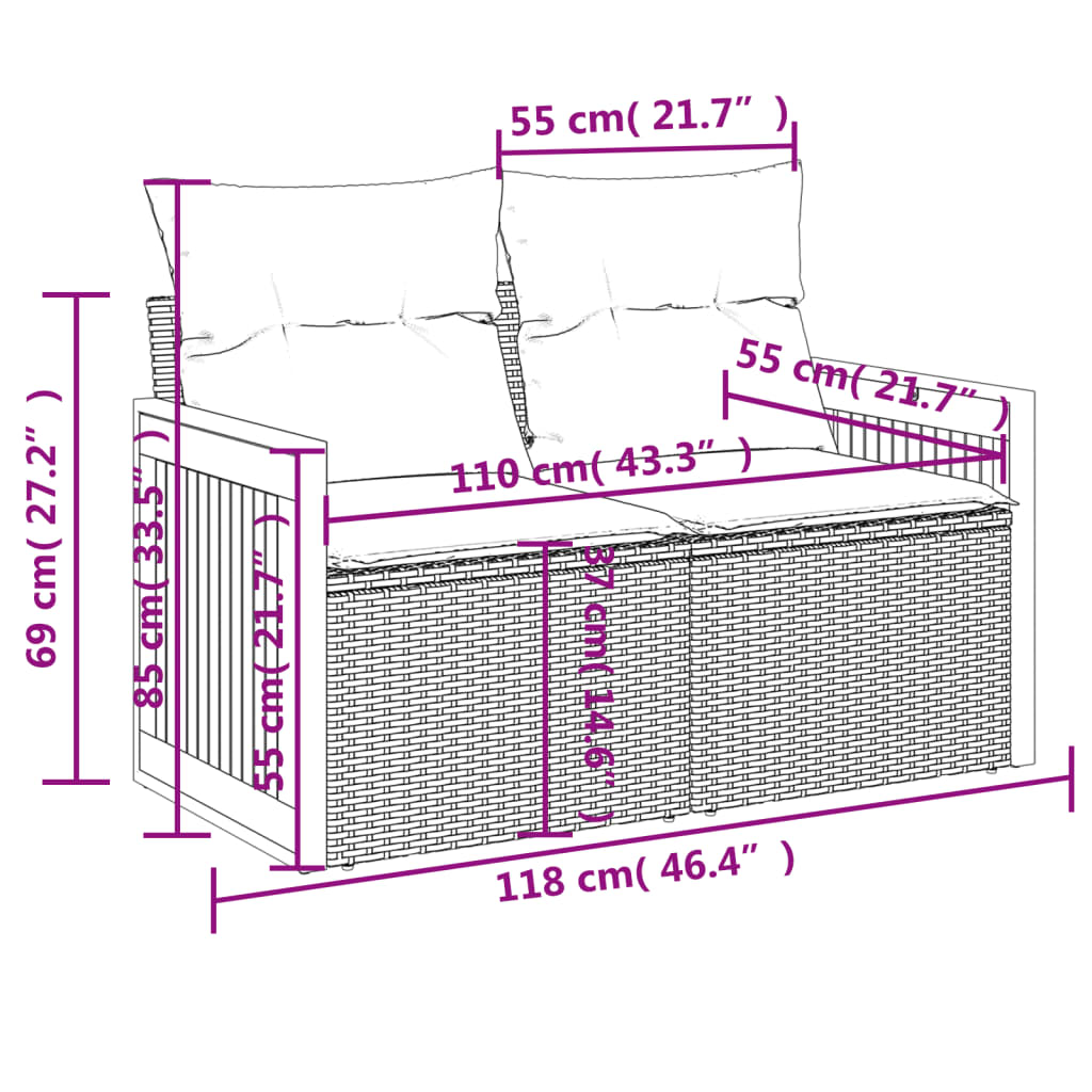 3-delige Loungeset met kussens poly rattan zwart