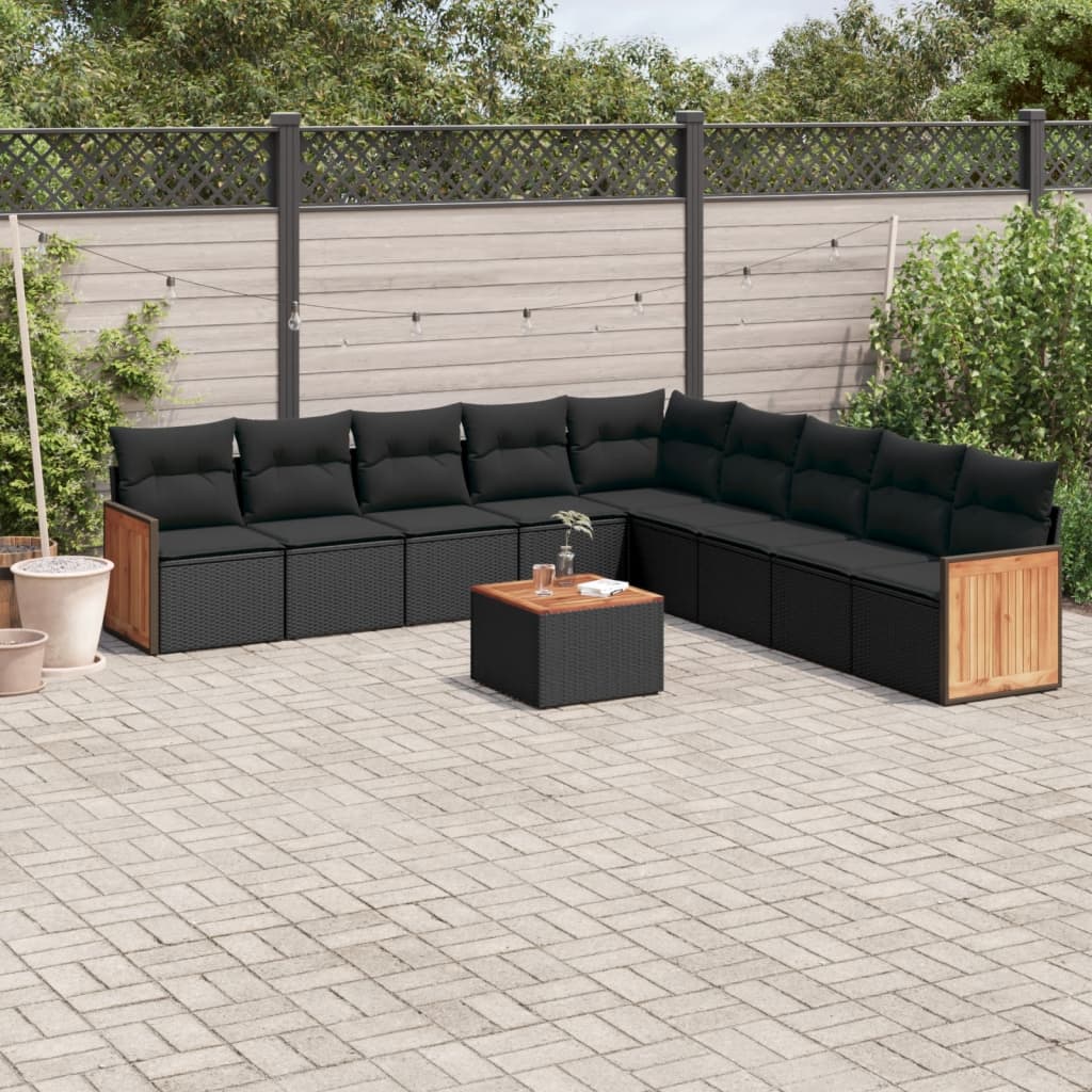 10-delige Loungeset met kussens poly rattan zwart