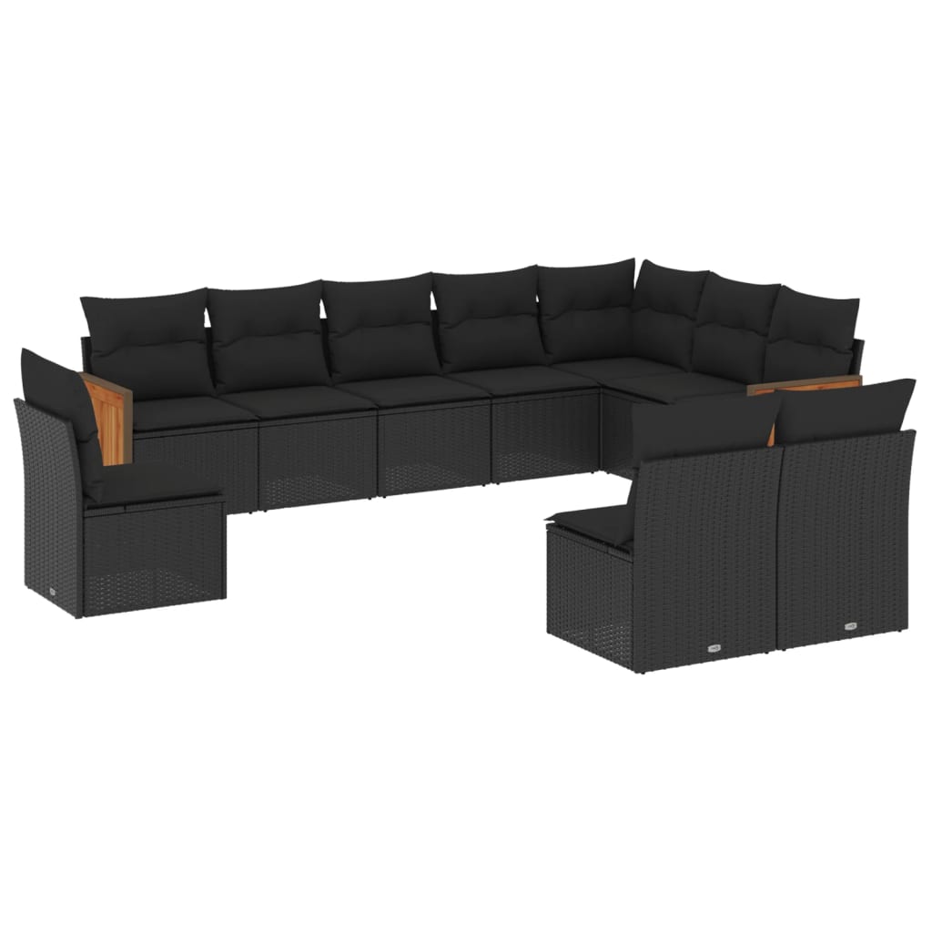 10-delige Loungeset met kussens poly rattan zwart