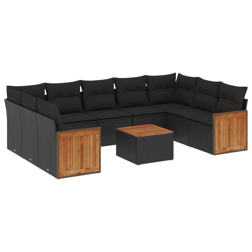 10-delige Loungeset met kussens poly rattan zwart