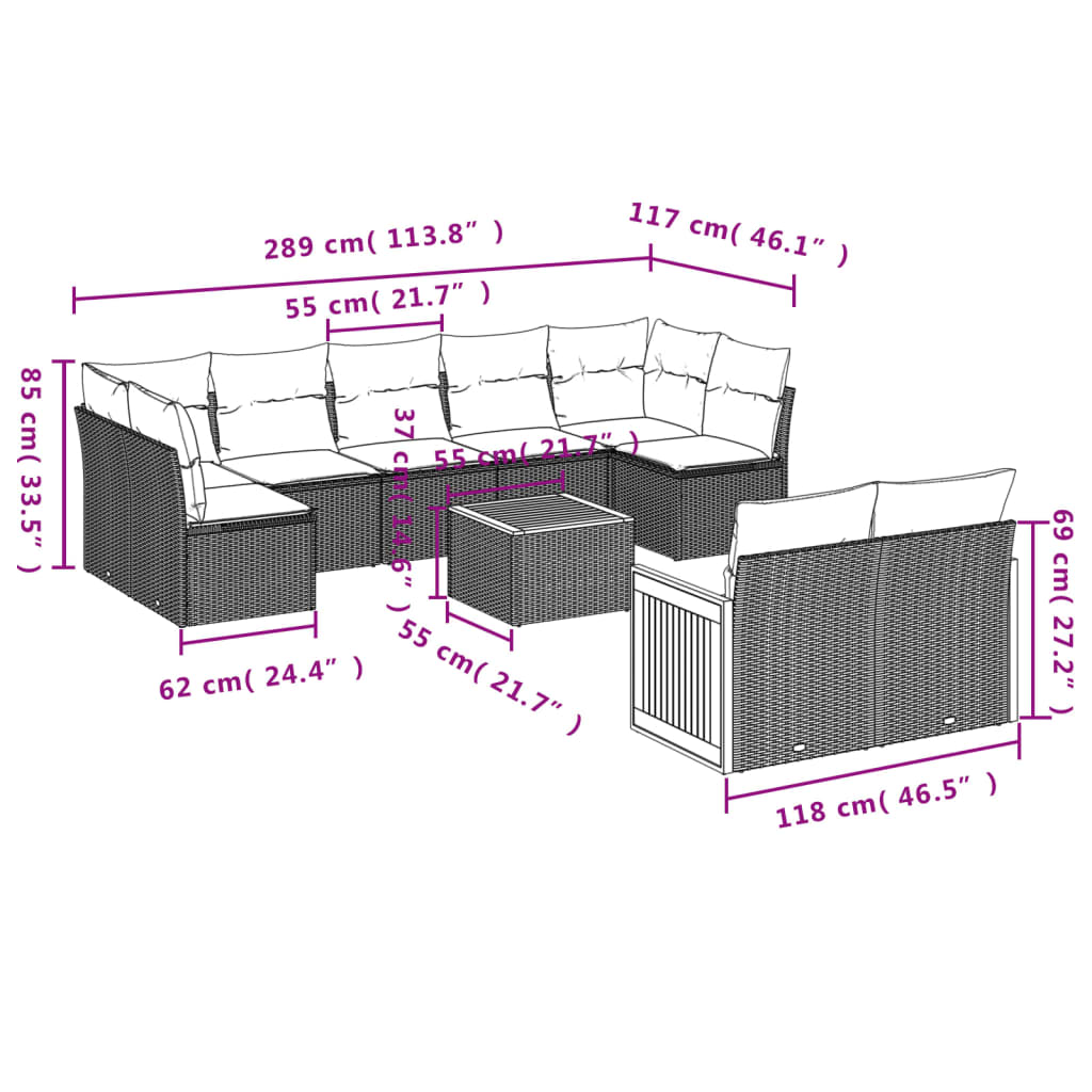 10-delige Loungeset met kussens poly rattan zwart