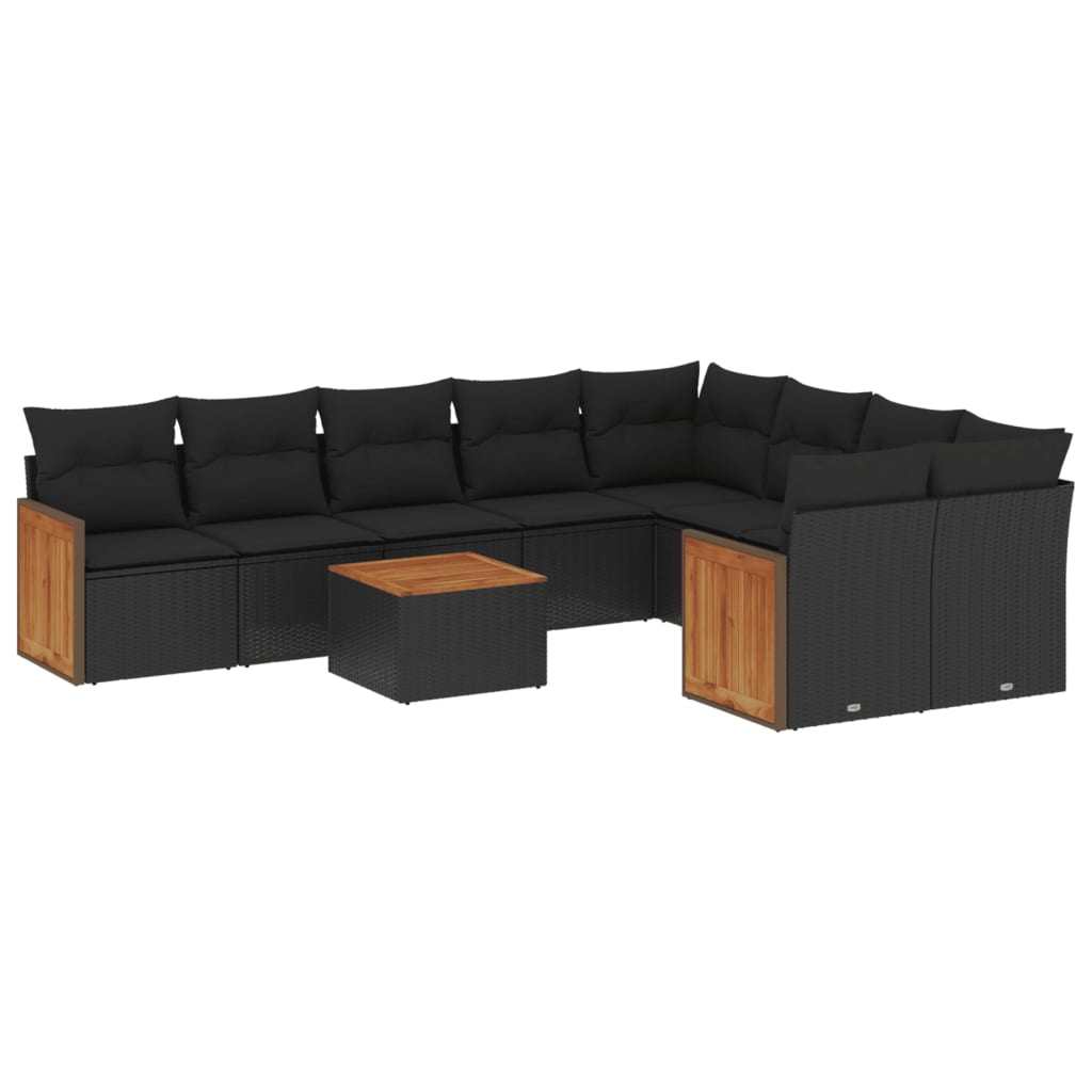 10-delige Loungeset met kussens poly rattan zwart