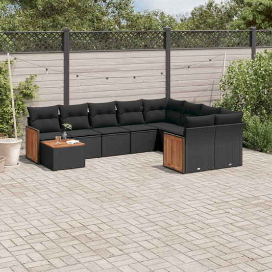 10-delige Loungeset met kussens poly rattan zwart