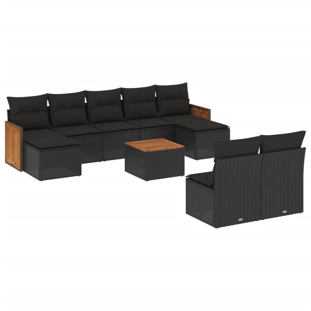 10-delige Loungeset met kussens poly rattan zwart