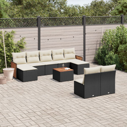 10-delige Loungeset met kussens poly rattan zwart