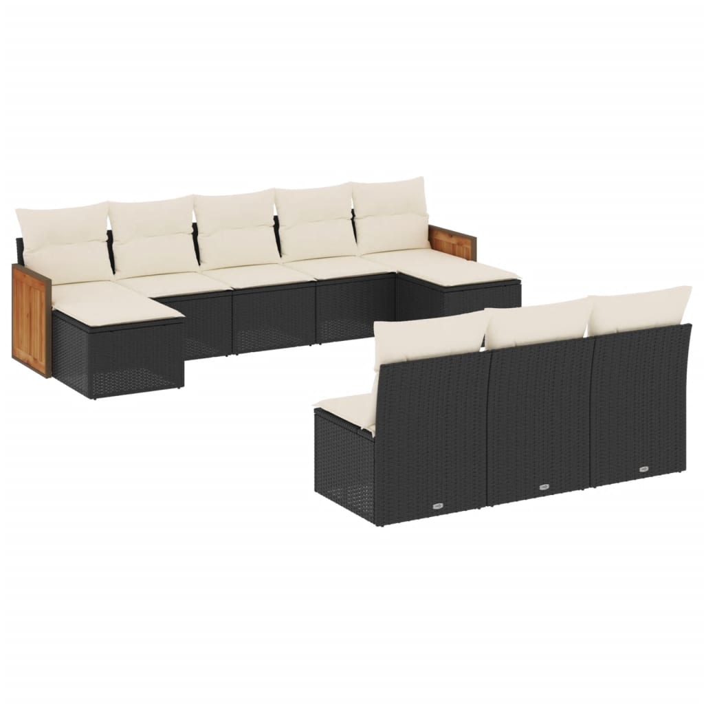 10-delige Loungeset met kussens poly rattan zwart