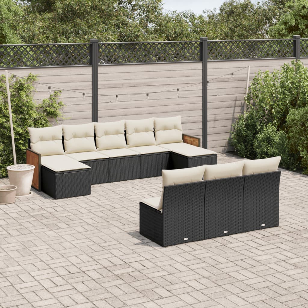 10-delige Loungeset met kussens poly rattan zwart