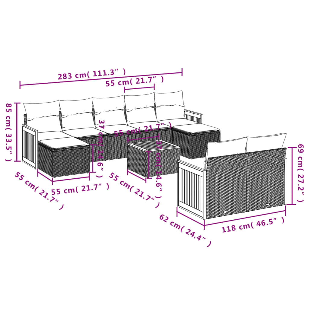 10-delige Loungeset met kussens poly rattan zwart