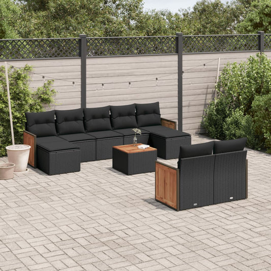 10-delige Loungeset met kussens poly rattan zwart