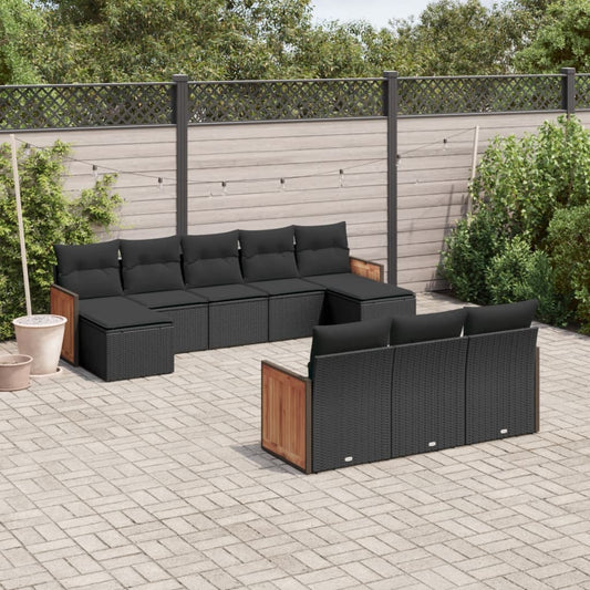 10-delige Loungeset met kussens poly rattan zwart