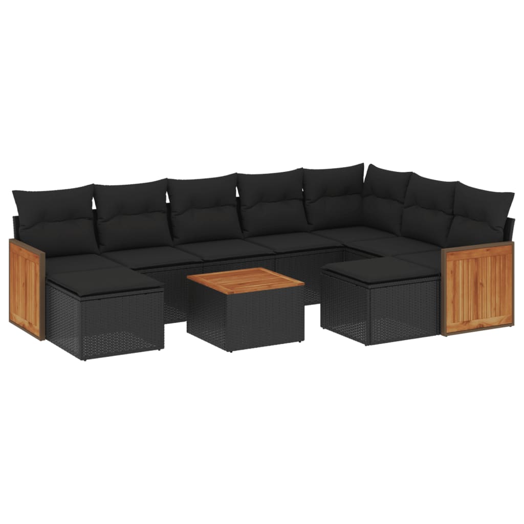 10-delige Loungeset met kussens poly rattan zwart