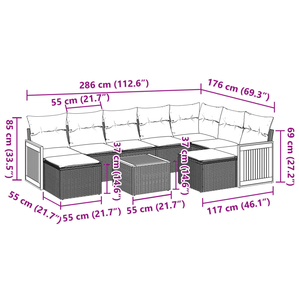 10-delige Loungeset met kussens poly rattan zwart