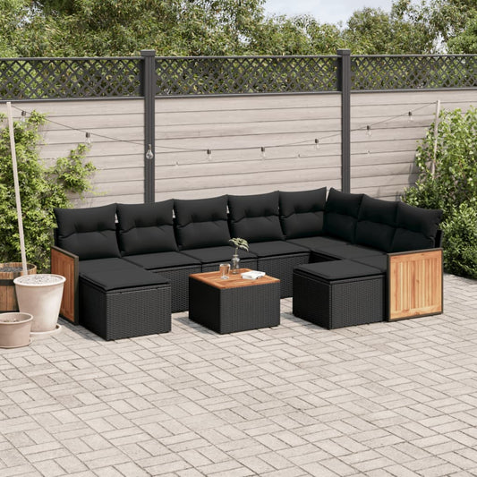 10-delige Loungeset met kussens poly rattan zwart