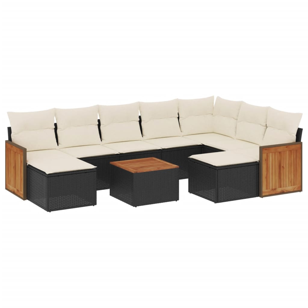 10-delige Loungeset met kussens poly rattan zwart