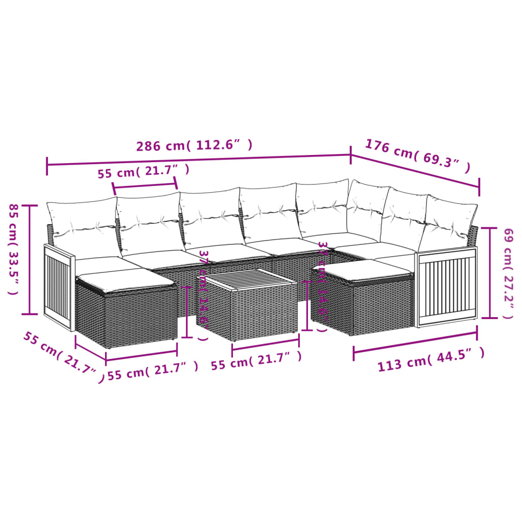 10-delige Loungeset met kussens poly rattan zwart