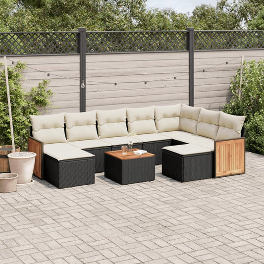 10-delige Loungeset met kussens poly rattan zwart