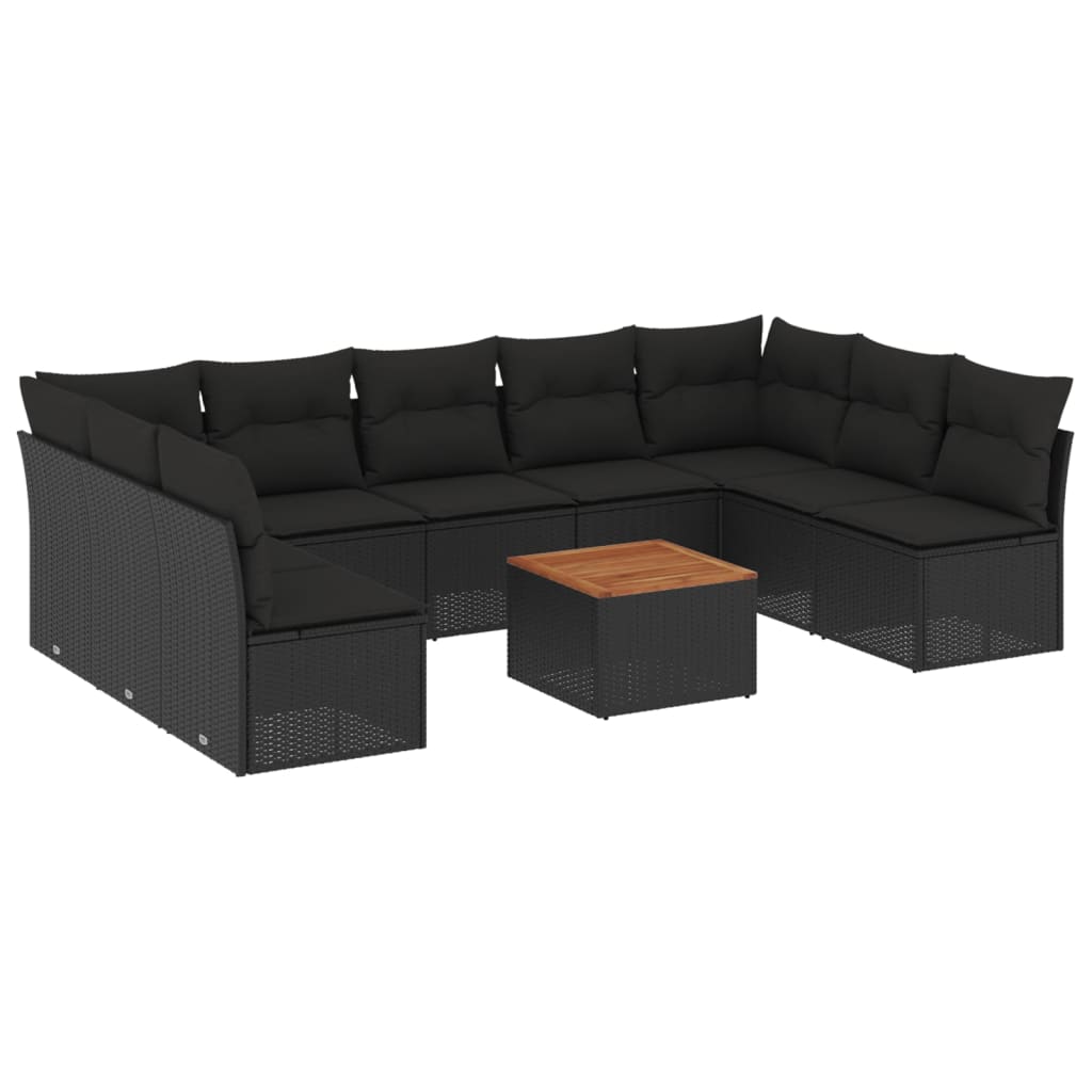 10-delige Loungeset met kussens poly rattan zwart