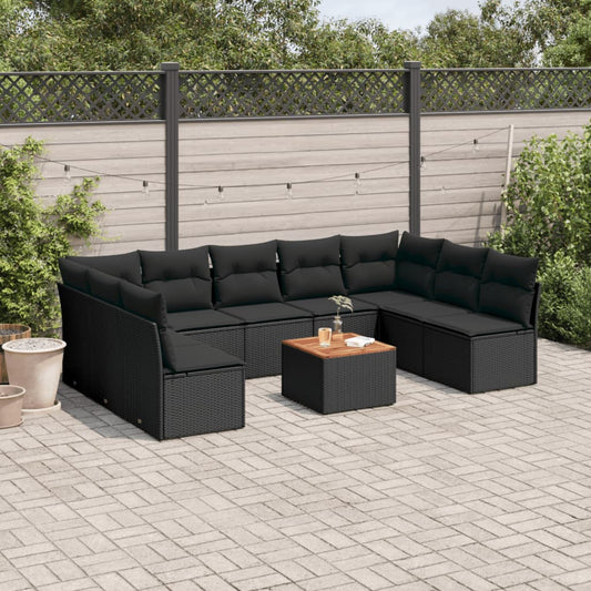 10-delige Loungeset met kussens poly rattan zwart