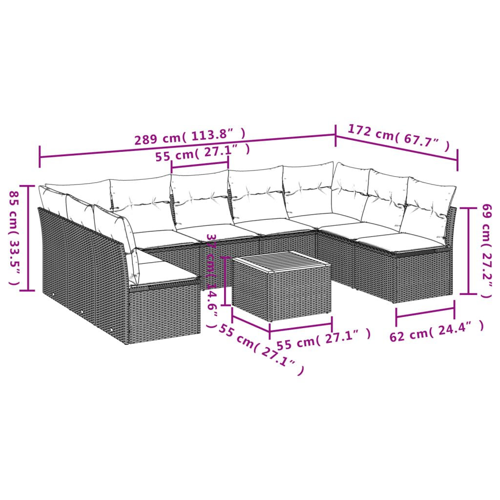 10-delige Loungeset met kussens poly rattan zwart