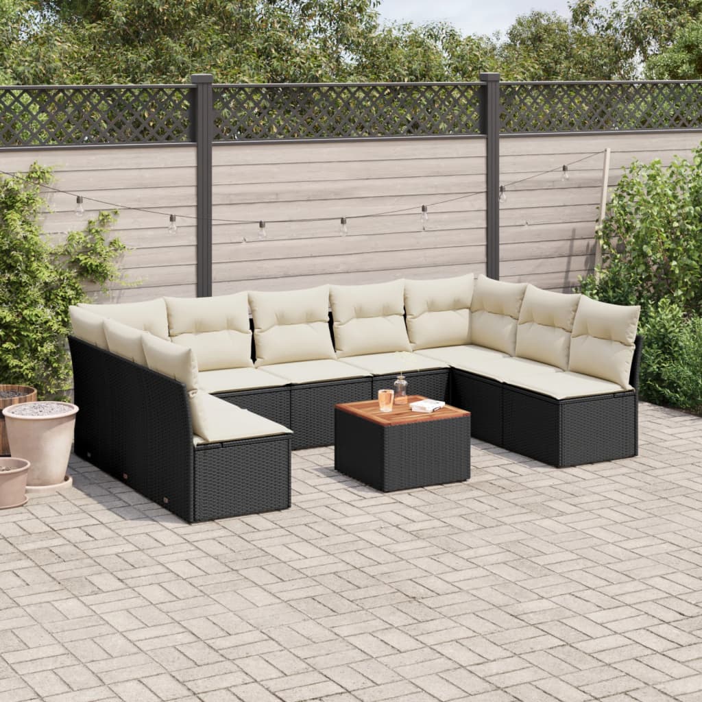 10-delige Loungeset met kussens poly rattan zwart