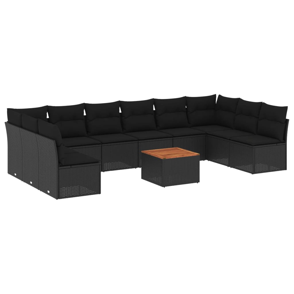 11-delige Loungeset met kussens poly rattan zwart