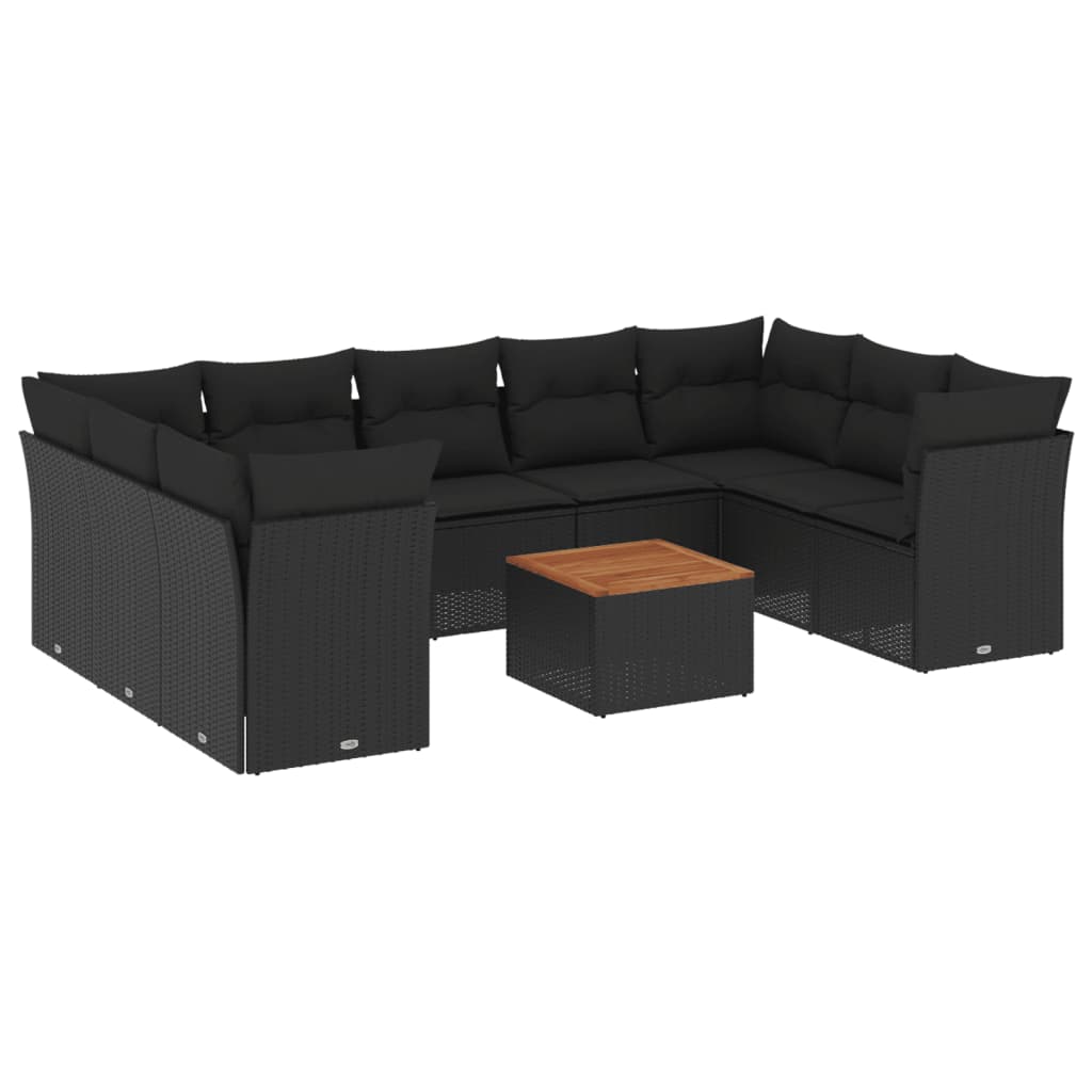 10-delige Loungeset met kussens poly rattan zwart