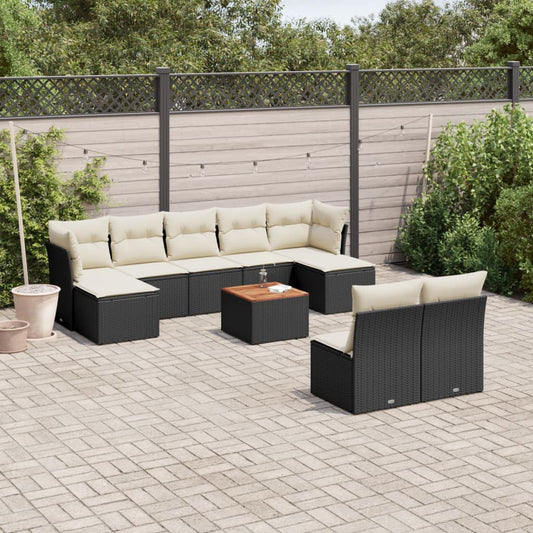 10-delige Loungeset met kussens poly rattan zwart