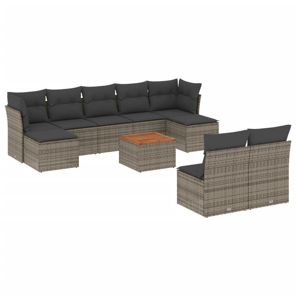 10-delige Loungeset met kussens poly rattan grijs