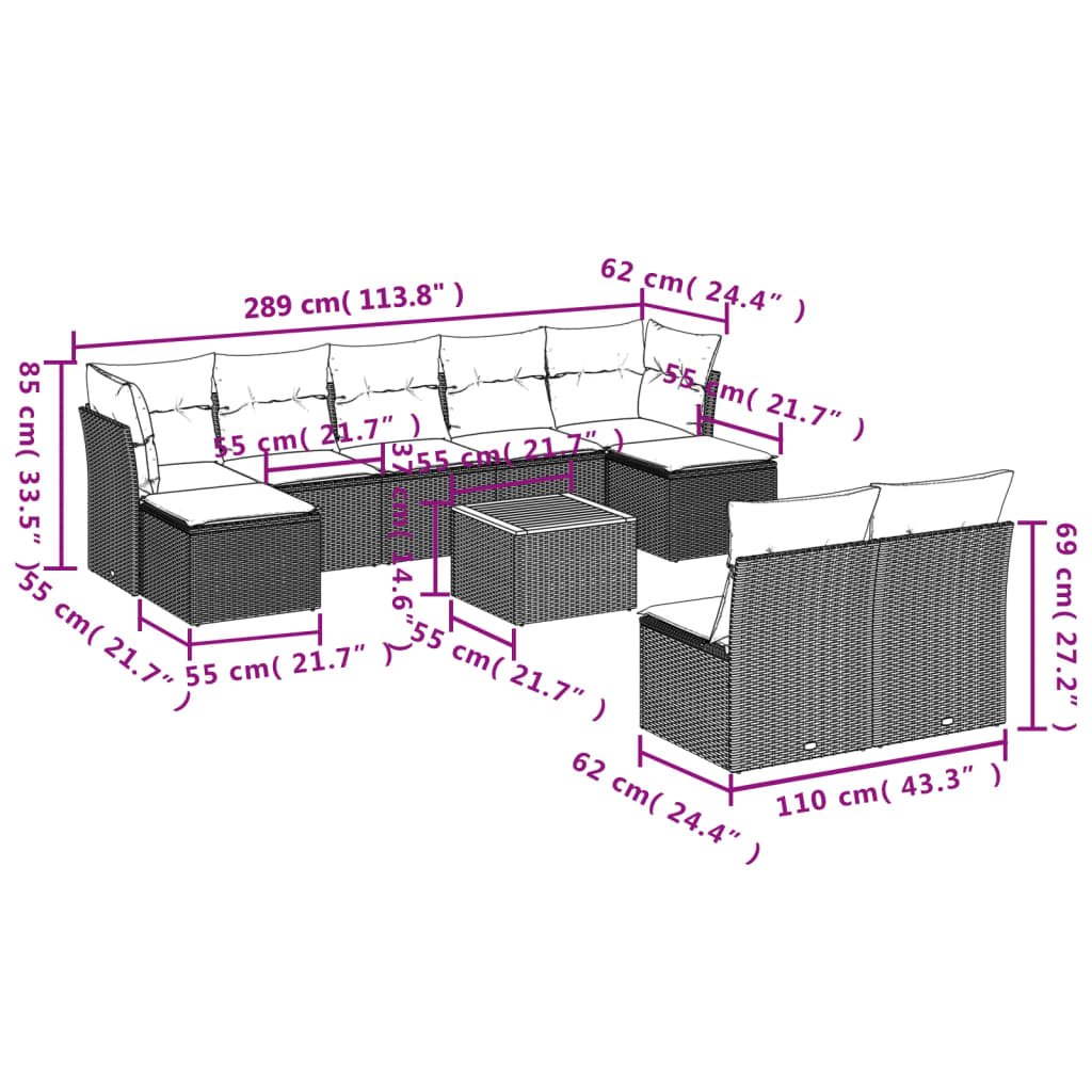 10-delige Loungeset met kussens poly rattan grijs