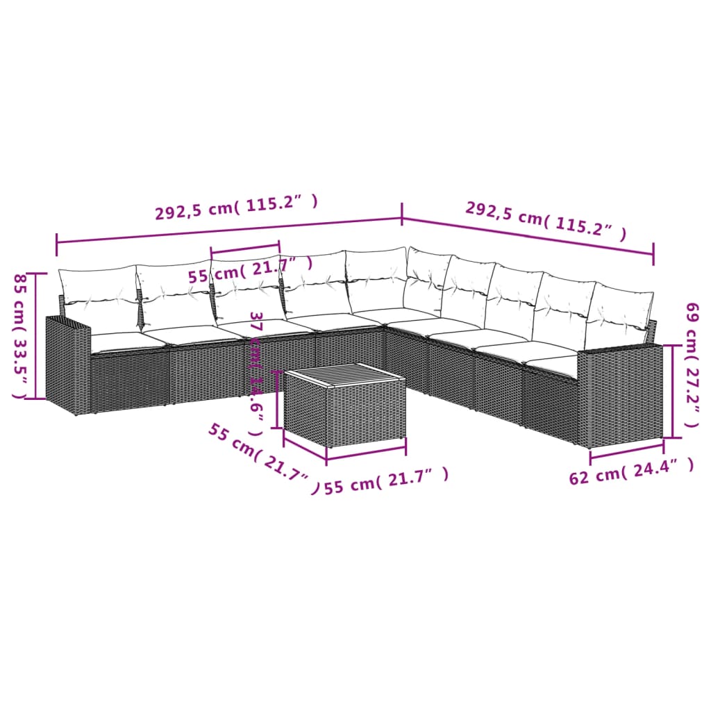 10-delige Loungeset met kussens poly rattan zwart