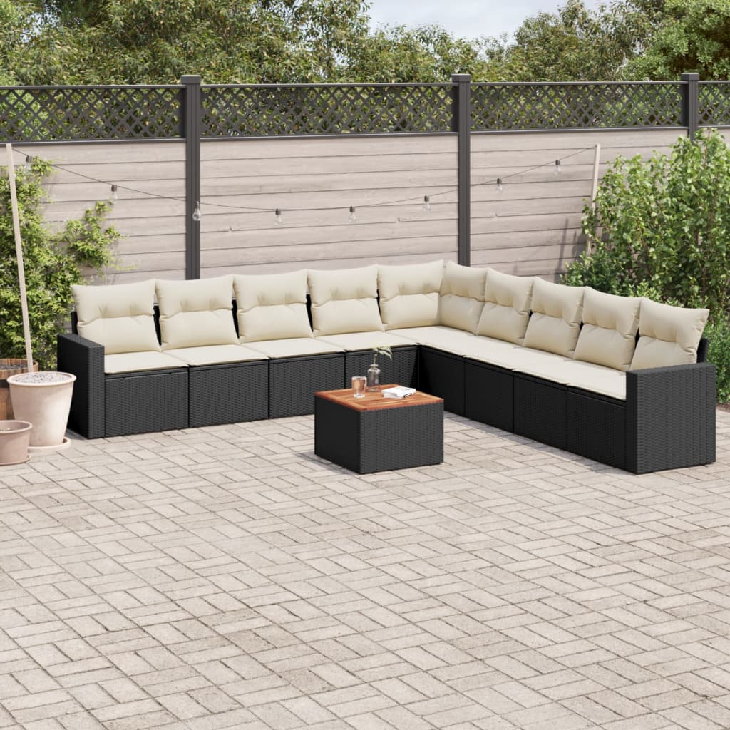 10-delige Loungeset met kussens poly rattan zwart