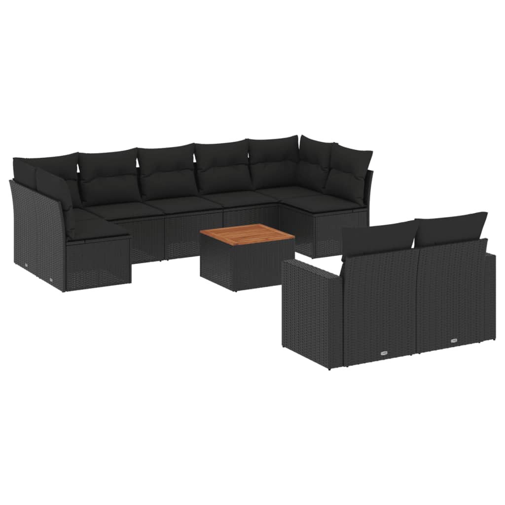 10-delige Loungeset met kussens poly rattan zwart