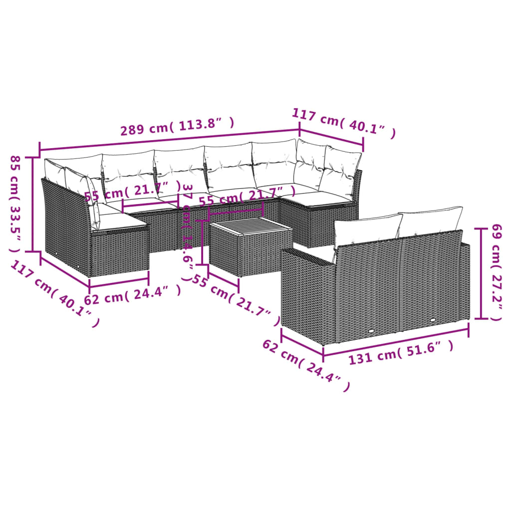 10-delige Loungeset met kussens poly rattan zwart