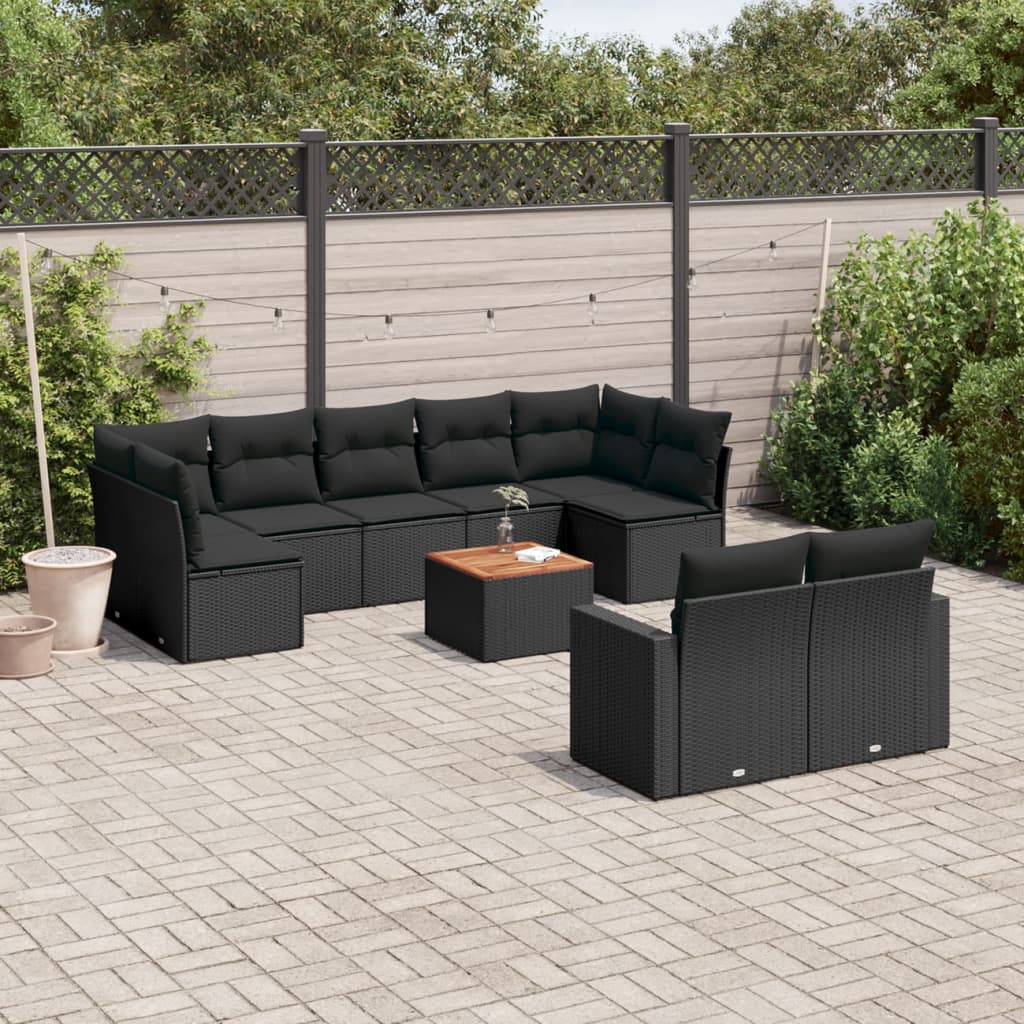 10-delige Loungeset met kussens poly rattan zwart