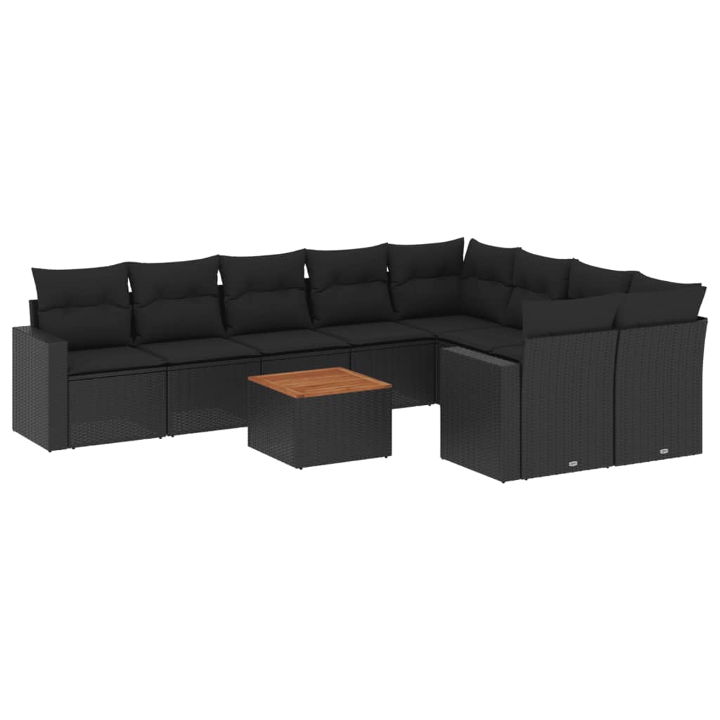 10-delige Loungeset met kussens poly rattan zwart