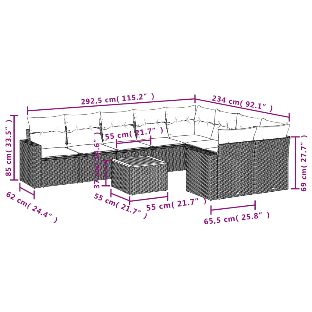 10-delige Loungeset met kussens poly rattan zwart