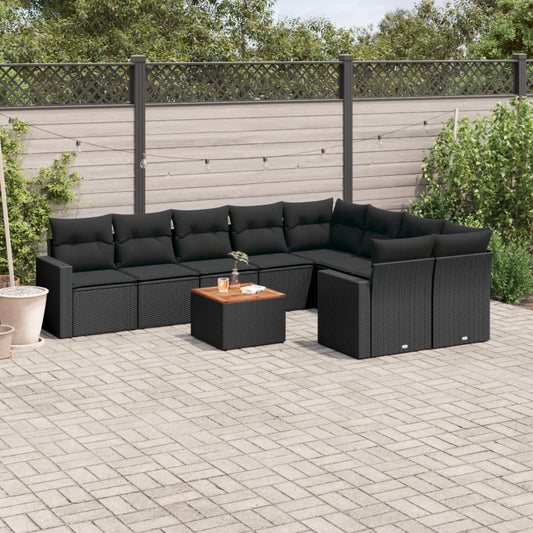 10-delige Loungeset met kussens poly rattan zwart