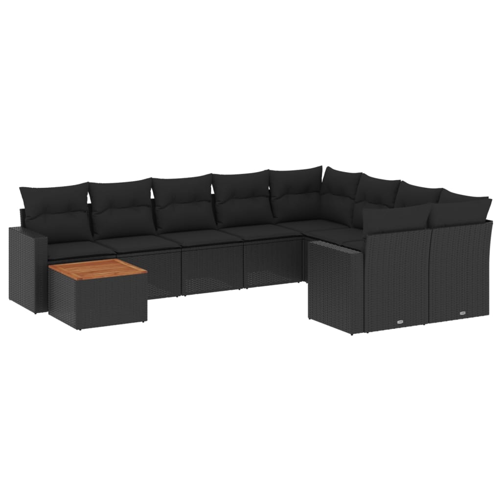 10-delige Loungeset met kussens poly rattan zwart