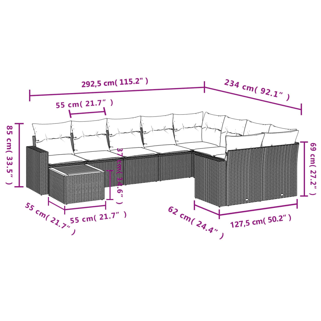 10-delige Loungeset met kussens poly rattan zwart