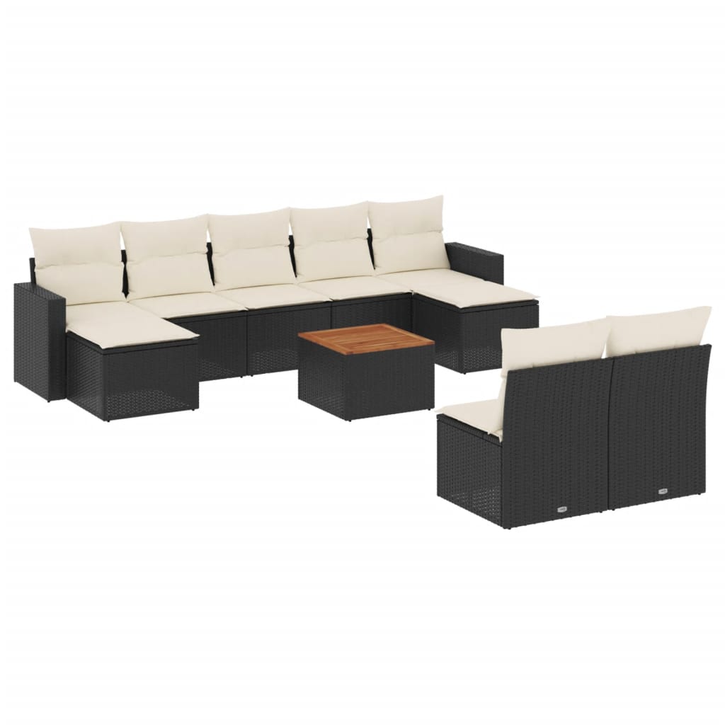 10-delige Loungeset met kussens poly rattan zwart