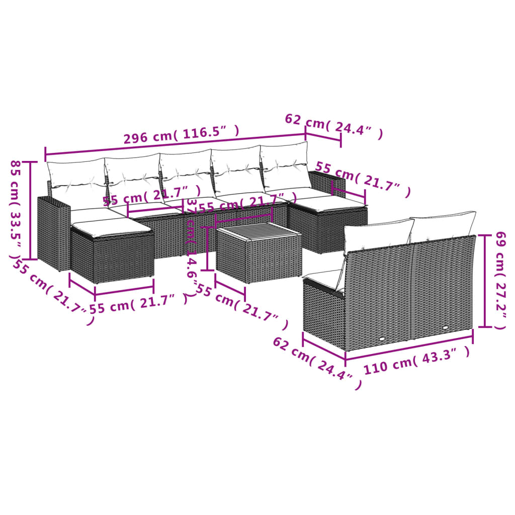 10-delige Loungeset met kussens poly rattan zwart