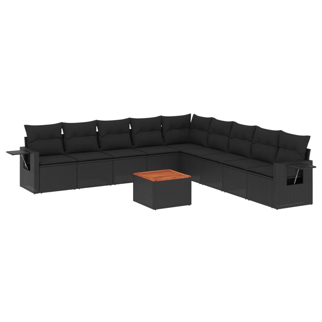 10-delige Loungeset met kussens poly rattan zwart