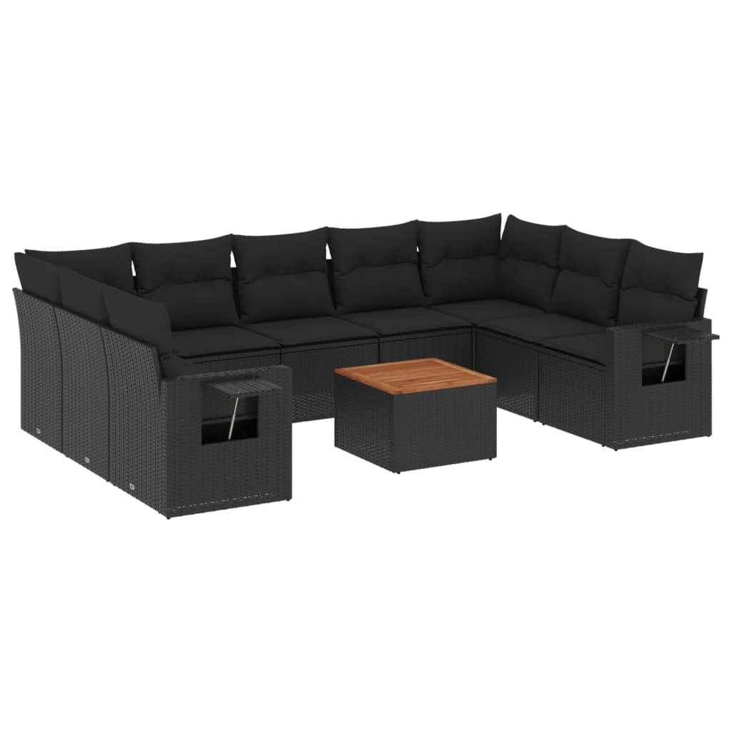 10-delige Loungeset met kussens poly rattan zwart