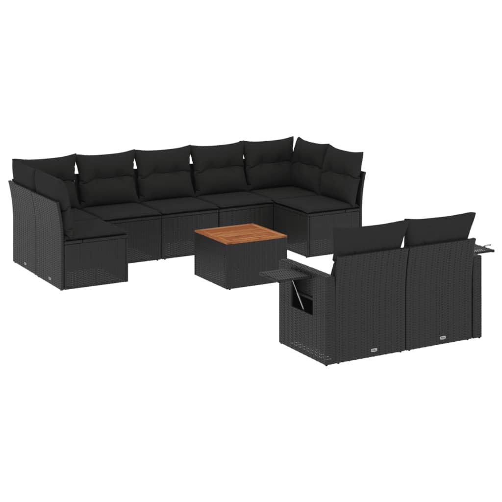 10-delige Loungeset met kussens poly rattan zwart