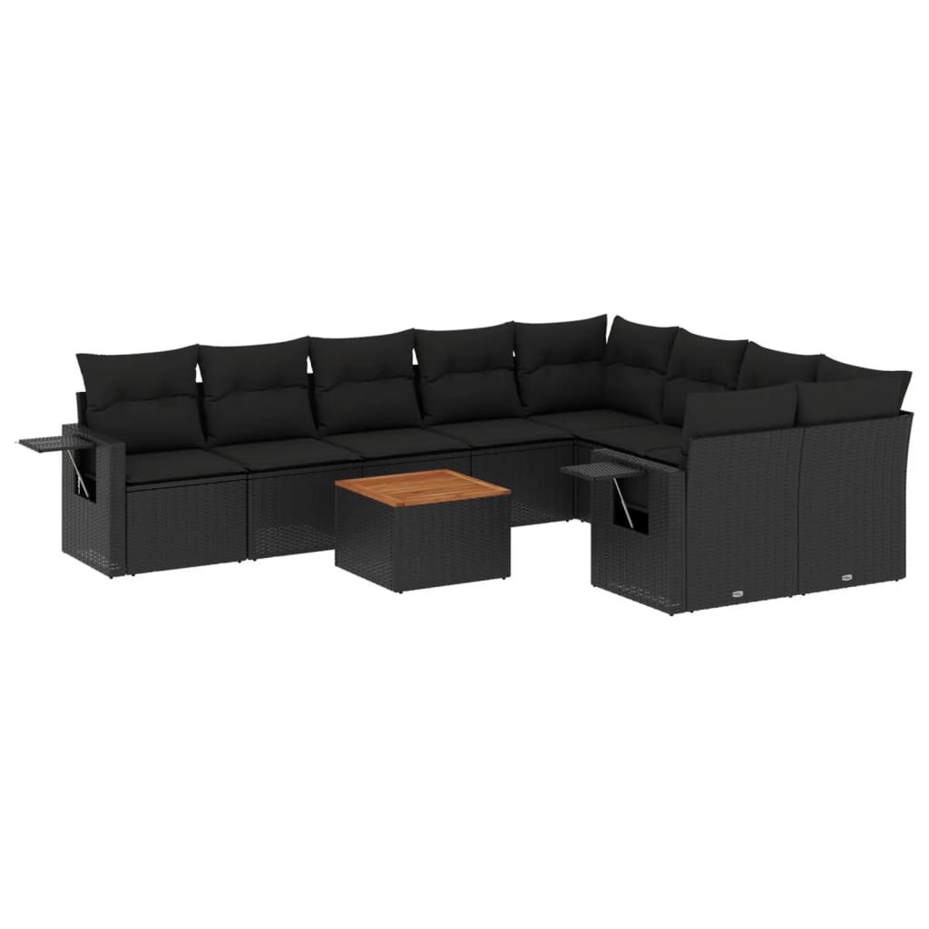 10-delige Loungeset met kussens poly rattan zwart