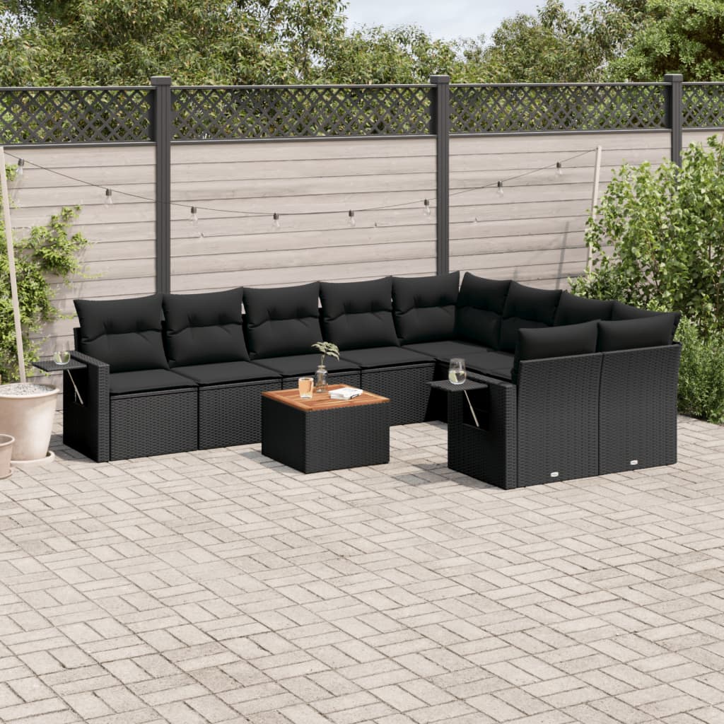 10-delige Loungeset met kussens poly rattan zwart