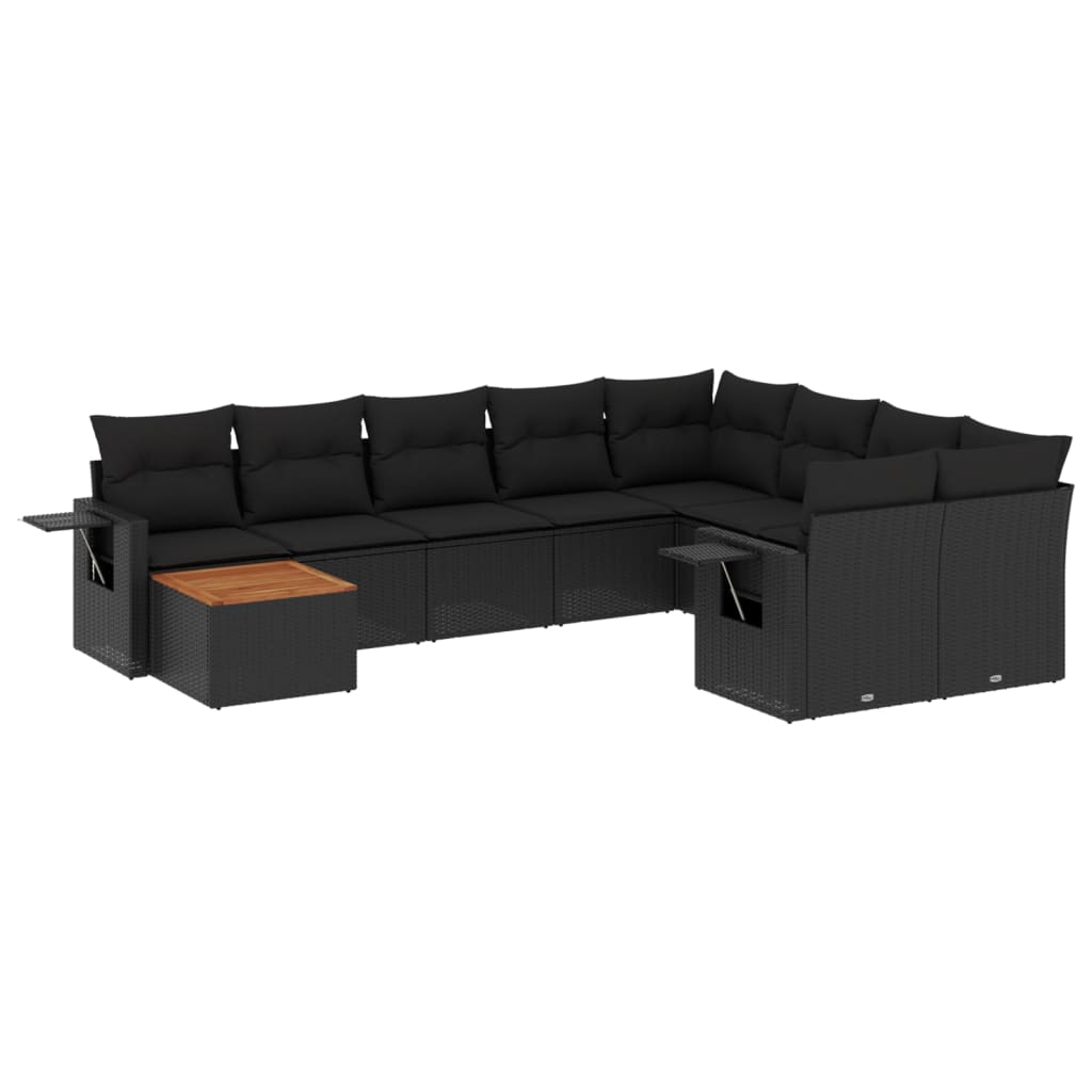 10-delige Loungeset met kussens poly rattan zwart