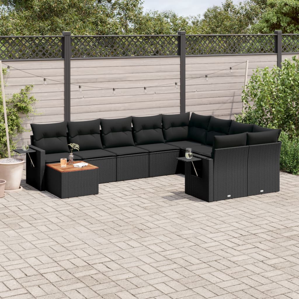 10-delige Loungeset met kussens poly rattan zwart